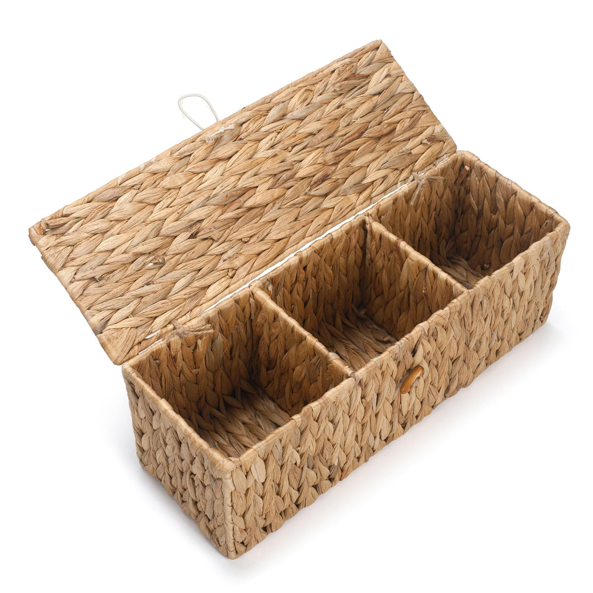 Wicker Bathroom Basket with Lid, Water Hyacinth Toilet Tank Basket with 3 Compartments, Woven Storage Box for Bathroom Organizer 33.5 x 13 x 11.5 cm