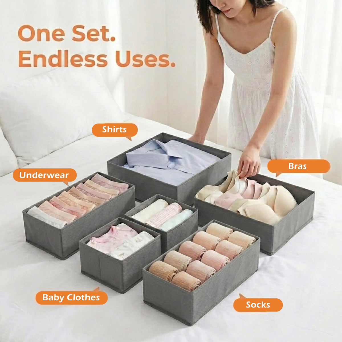 QINGGENG Drawer Organiser Foldable, 6 Pack Grey Fabric Drawer Dividers, Wardrobe Storage Organiser for Drawers, Closet