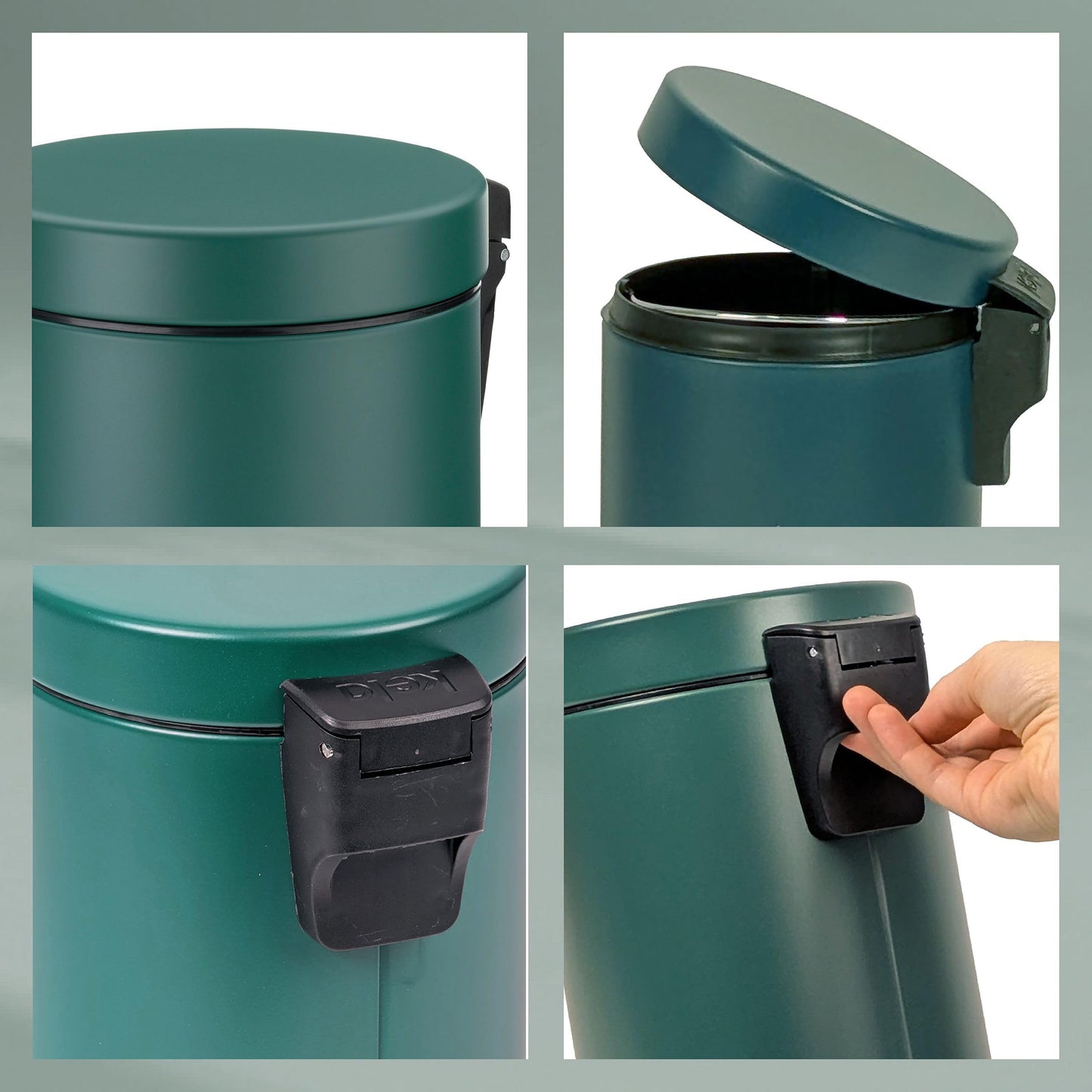 Kela cosmetic bin green 3l, metal pedal bin bathroom, bathroom waste bin with inner bin and carrying handle, MONACO, alpine green matt
