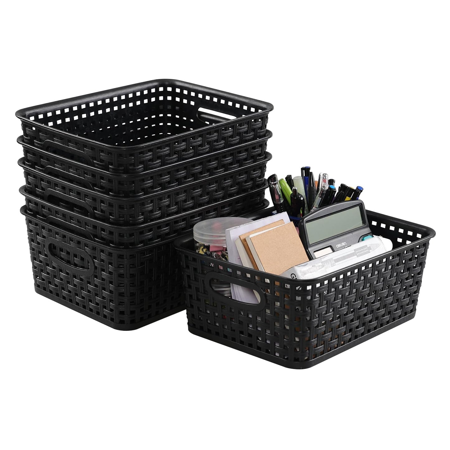 Sandmovie Plastic Woven Storage Baskets, Black, 6 Packs