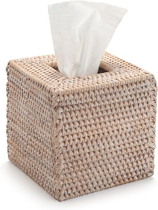 Rattan Tissue Box Cover Square, Wicker Tissue Box Holder, Decorative Woven Facial Tissue Holder for Bathroom, Kitchen, Living Room, Bedroom
