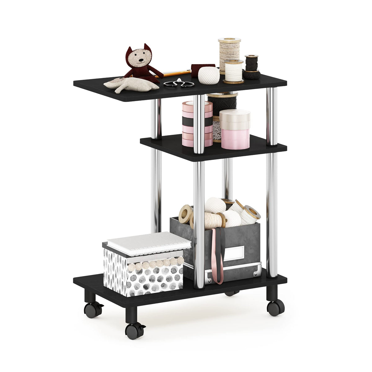 Furinno TURN-N-TUBE Side Table, 3-Tier C-Shape End Table with Wheels, Toolless Assembly Night Stand, Bedside Table with Open Shelf, for Living Room