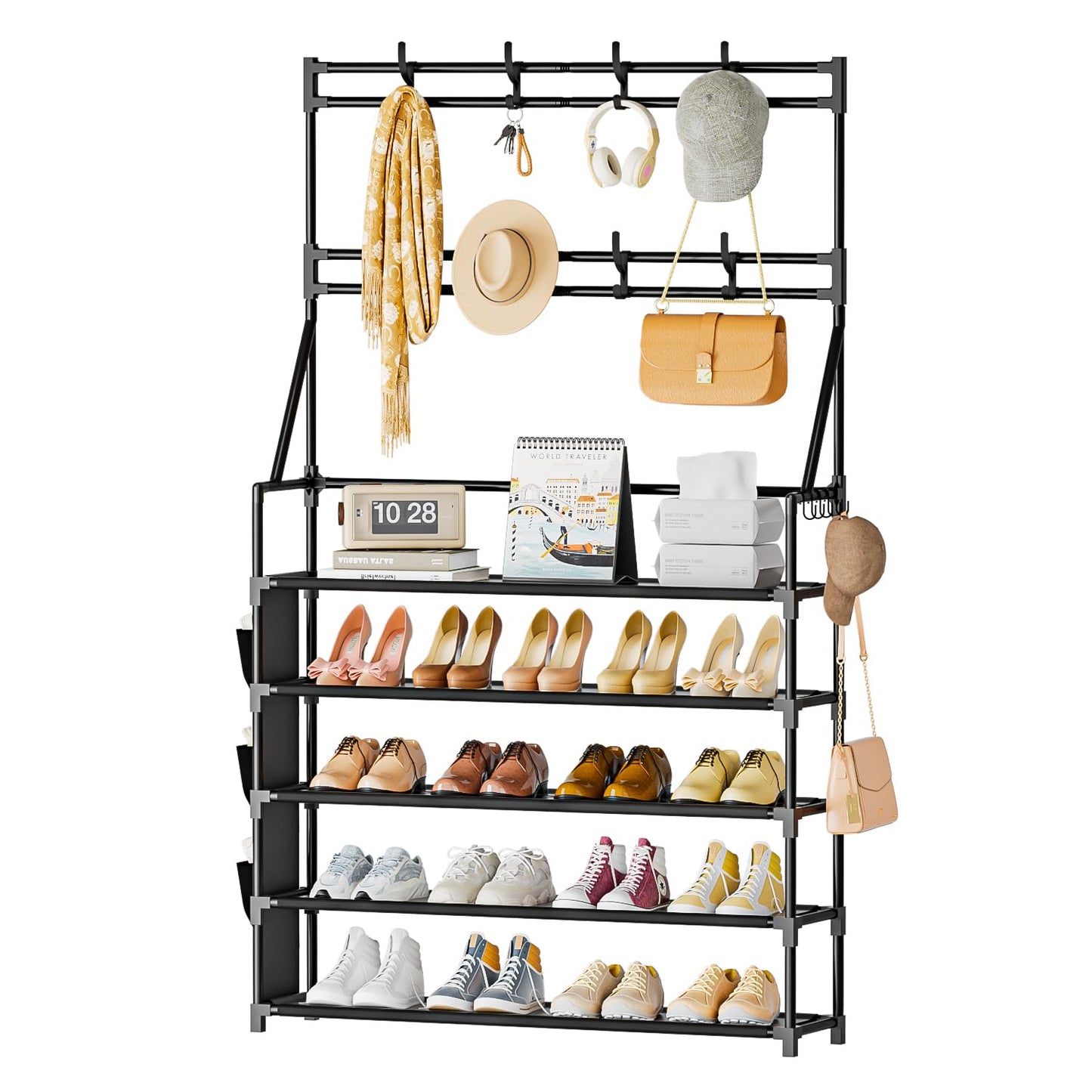 OYREL 5 Tier Shoe Rack with 8 Hooks & 3 Side Pockets for 20-25 Pairs Shoes