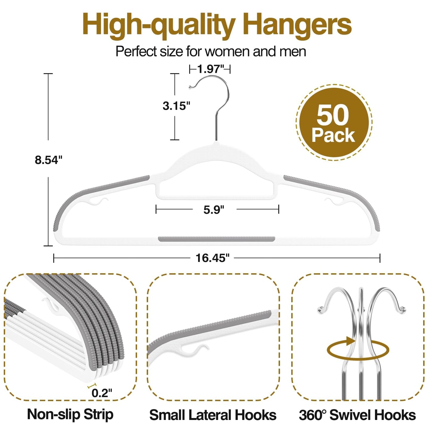 UEAKPIC Plastic Hangers 50 Pack,16.5inch/42cm Hangers-White & Dark Gray