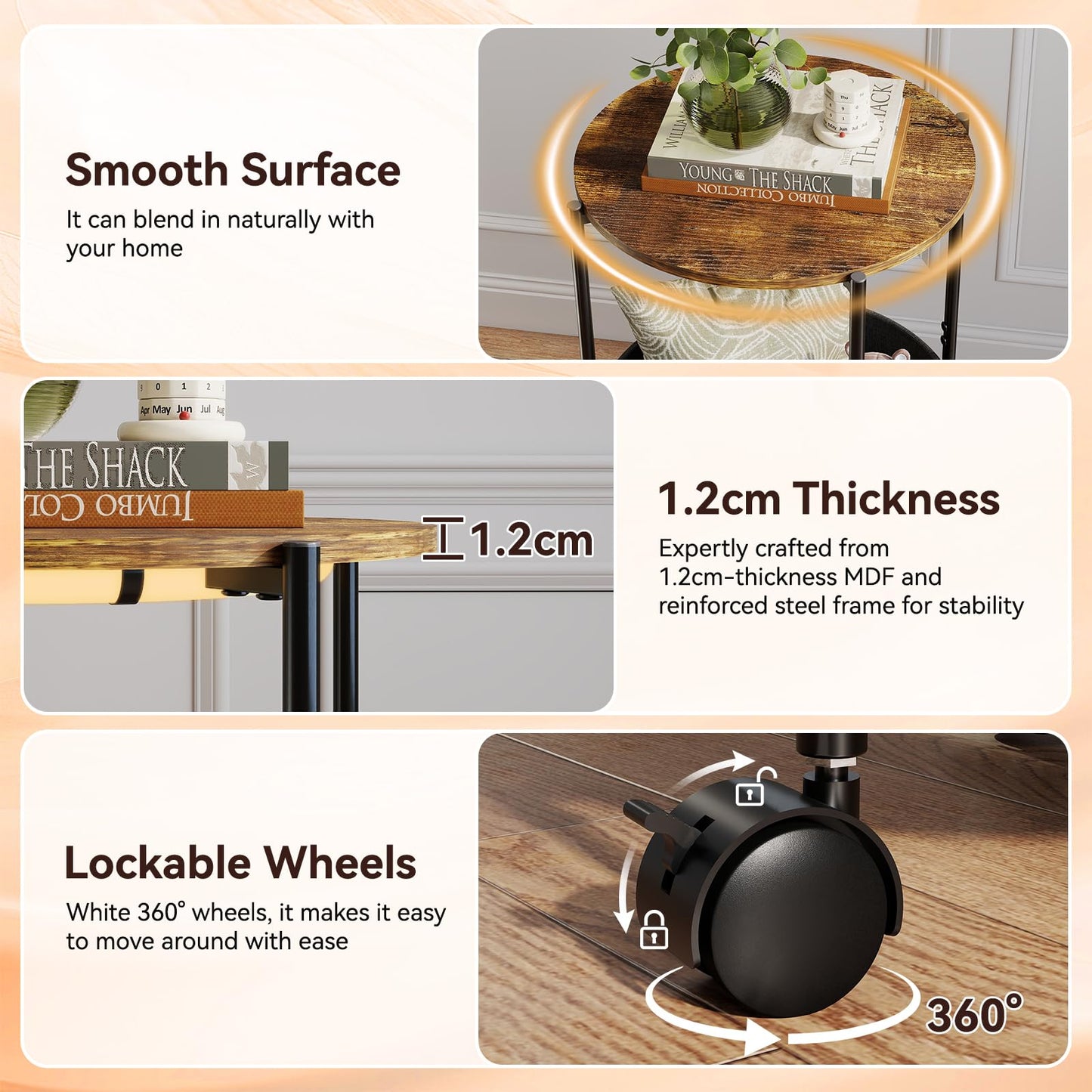 ARTETHYS Side Table, Small Side Coffee Tables for Living Room, End Table with LED Lights, Wheels, Storage Basket, Bedside Sofa Tables for Bedroom
