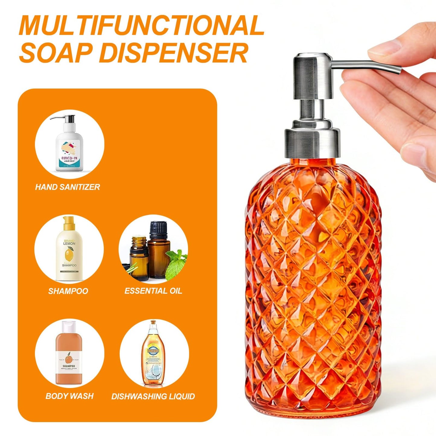 Glass Soap Dispenser Orange - 350ml/ 16 Oz Hand Soap Dispenser with Rustproof Stainless Steel Pump Liquid Hand Jar Refillable Glass Bottle for
