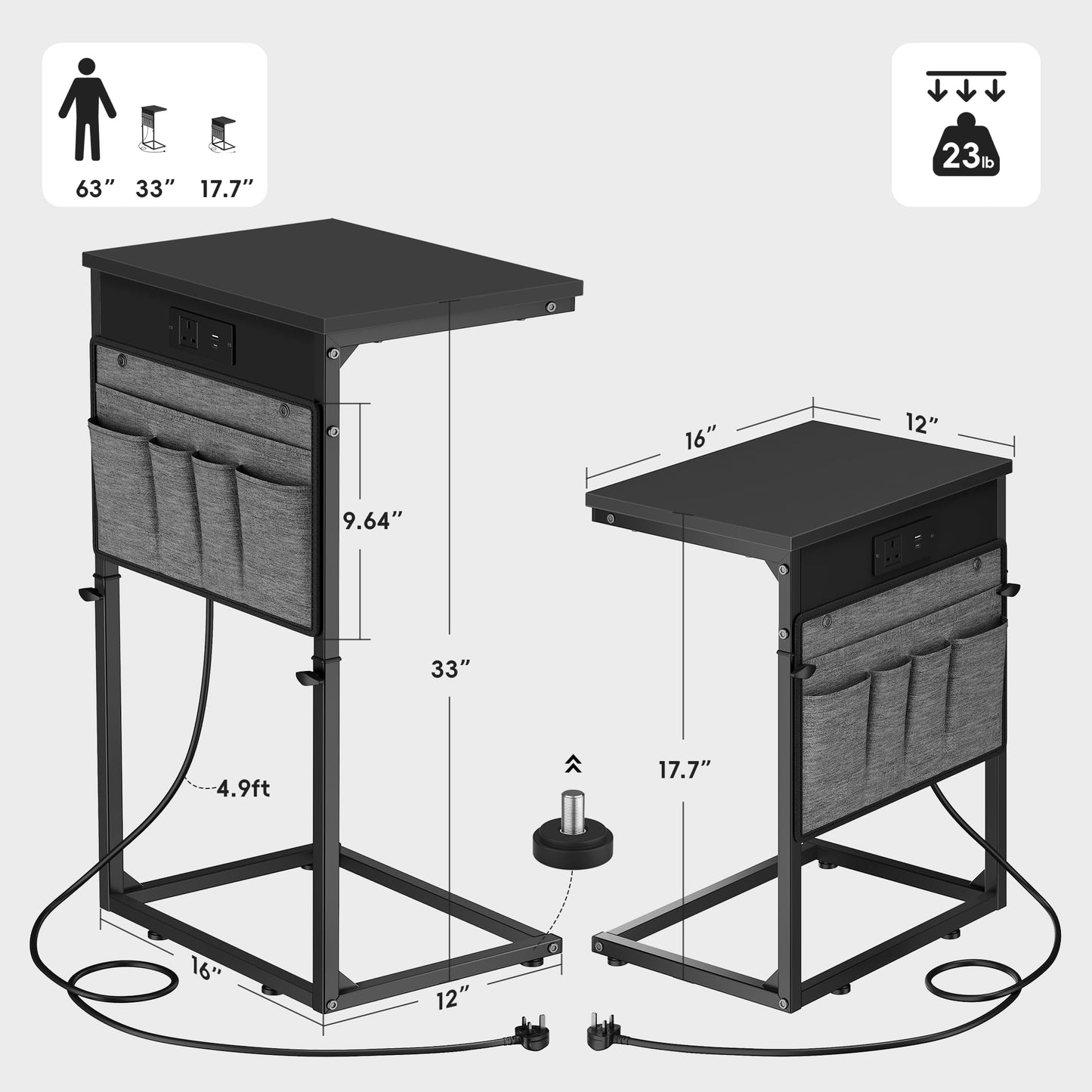 Vagusicc C-Shaped Side Table with Charging Station, Height Adjustable Sofa Side Table, Bedside Table, End Table for Small Spaces