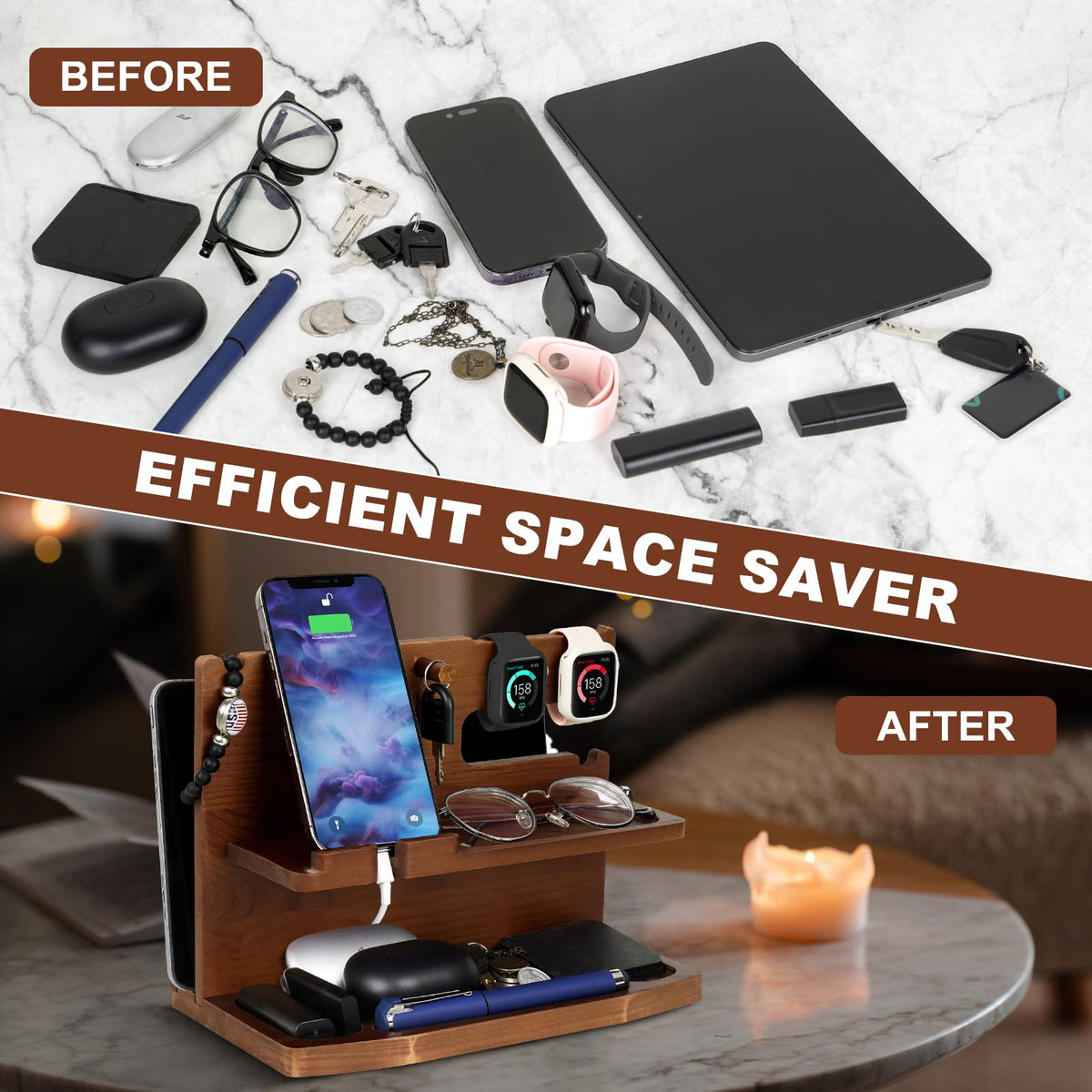 AliveByte Wooden Phone Docking Station for Men - Bedside Table Organiser - Brown Wood - Compatible with All Mobile Phones - Desk Accessories for Men