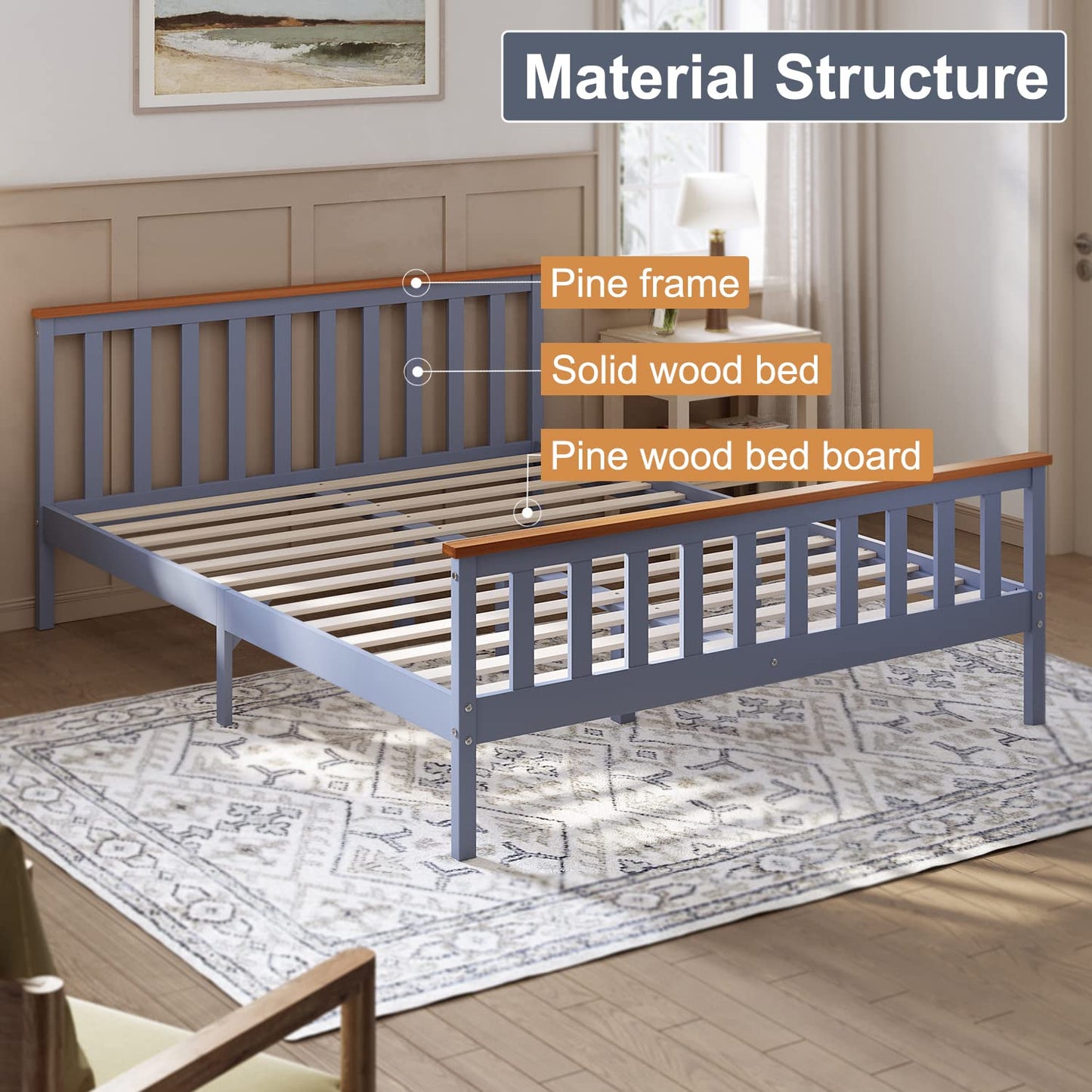 ELEGANT King Solid Wood Bed Frame with Slatted Headboard 5ft, 150x200cm
