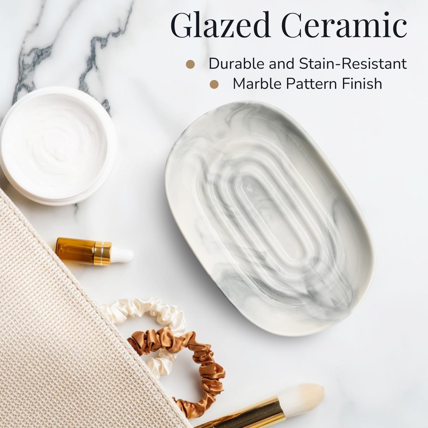 YoHyien Ceramic Soap Dish, Anti-Slip Marble Soap Dish for Bathroom, Soap Tray Dish, Soap Holder for Shower, Kitchen, and Sink