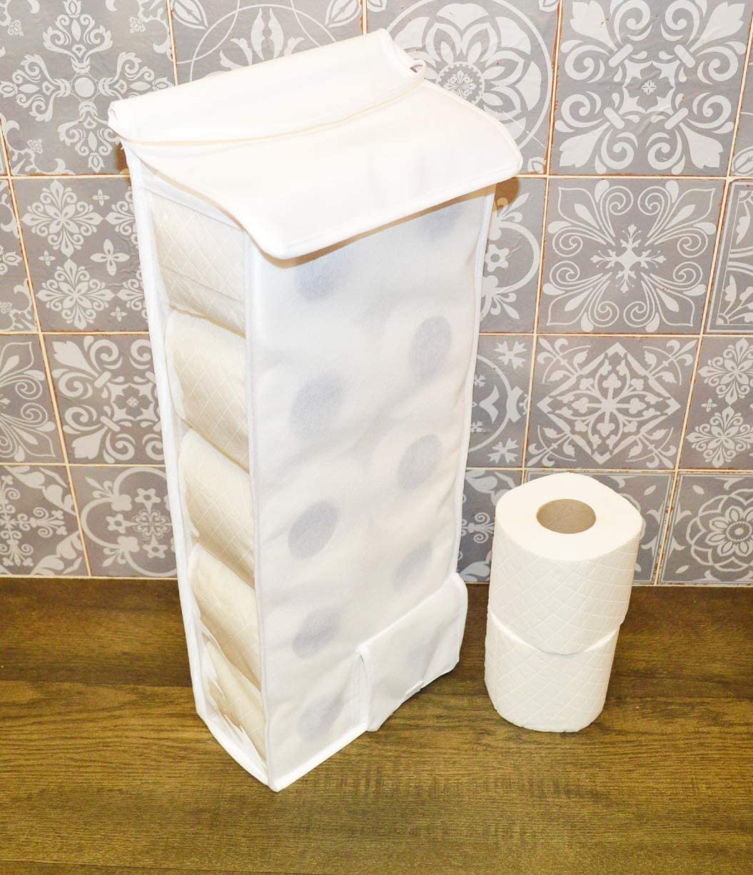 Hanging Toilet Roll Holder Organiser Storage bathroom fabric storage dispenser white made in the UK