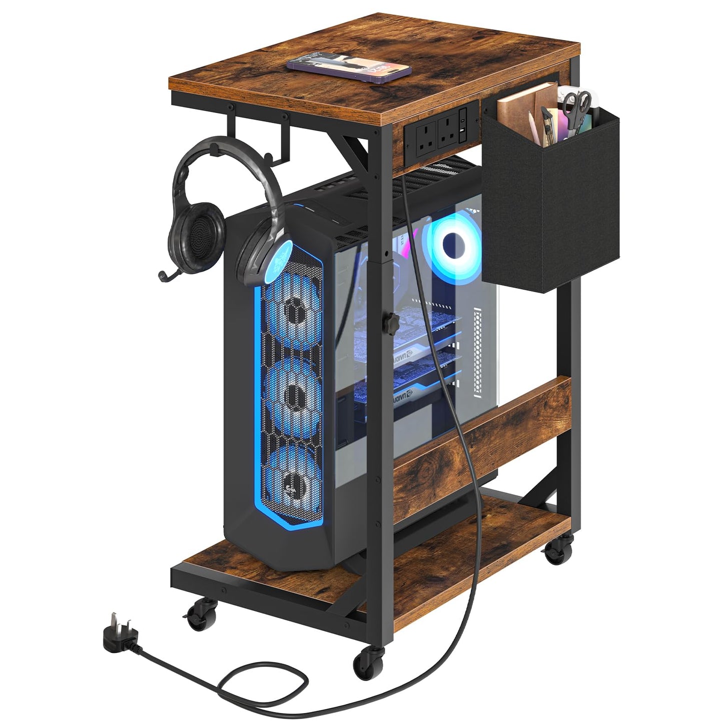 HOOBRO Computer Tower Stand, Printer Stand with Charging Station on Wheels, Height Adjustable PC Stand with 2 Hooks and 1 Fabric Pocket