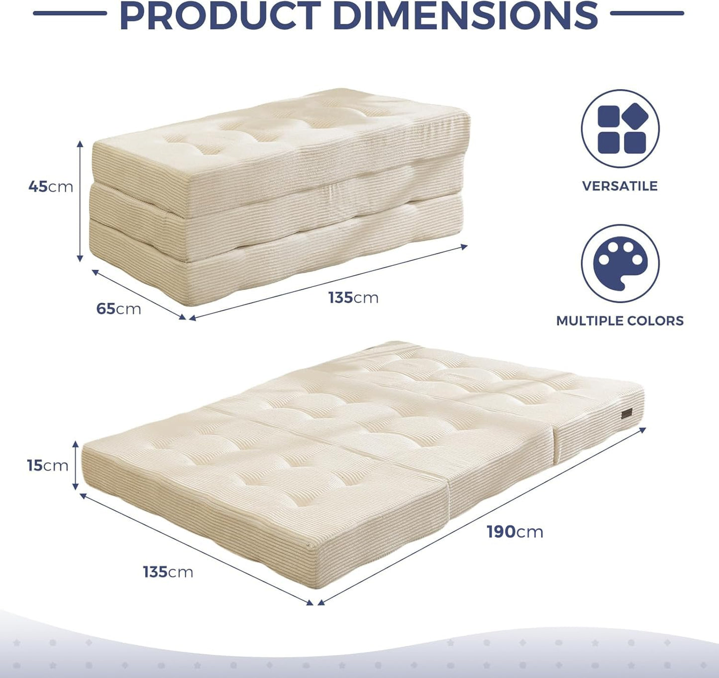 MAXYOYO Folding Mattress, Comfy Corduroy Foldable Mattress with 15cm Thicken Foam, Tri-Fold Floor Futon Sofa Bed for Guest,Off-white,Double