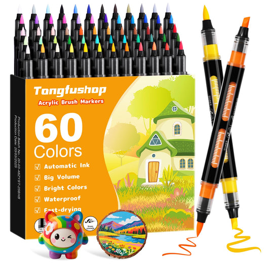 Tongfushop 60 Colors Acrylic Paint Pens, Dual Tip Acrylic Markers with Automatic Ink Control System, Water-Based Art Colouring Pens for Rock Painting,