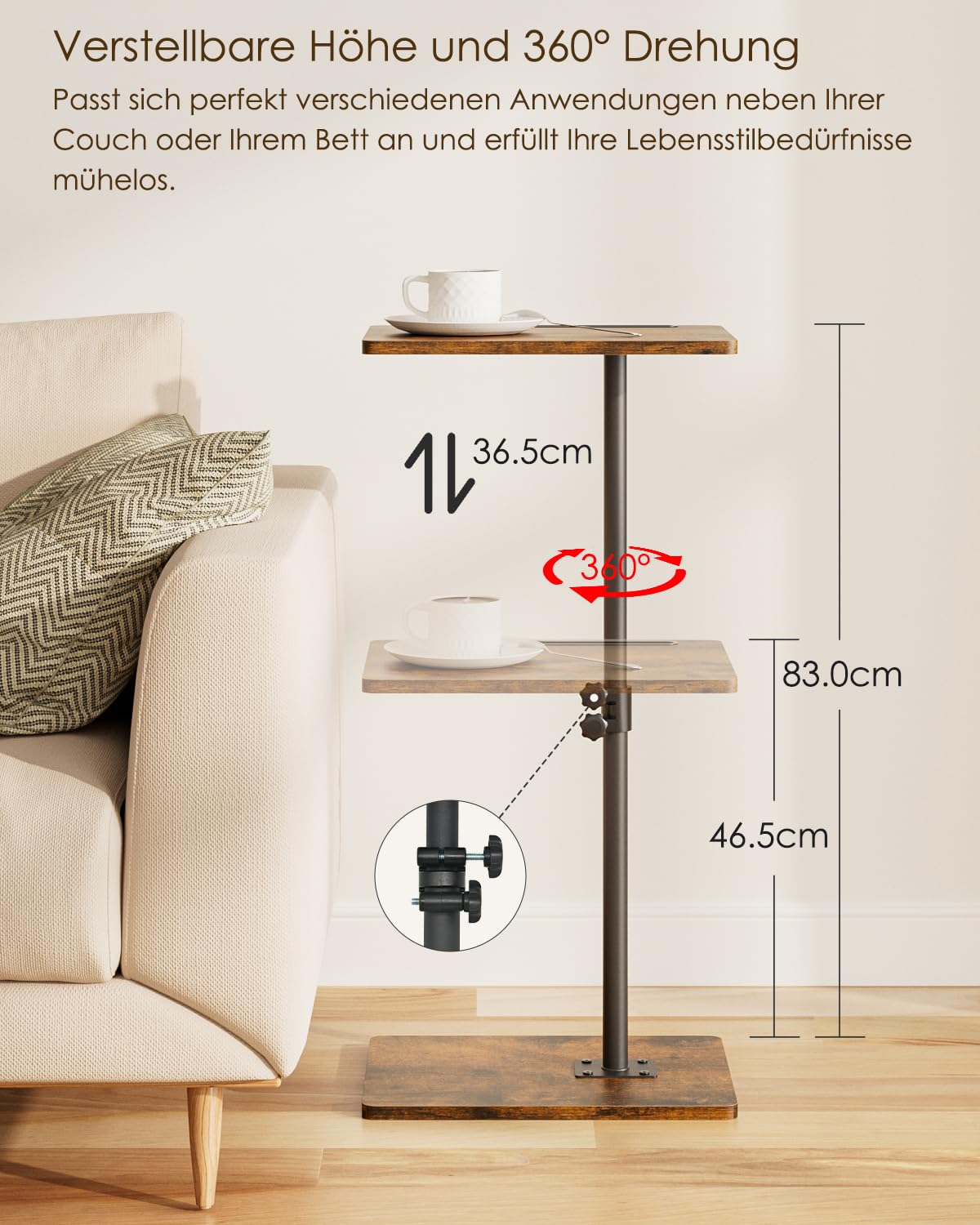 HEYZOEY Side Table, C-Shape Height Adjustable Sofa Table, 360° Rotating Coffee Table, Small, 40 x 30 x (45-81) cm, Wooden Coffee Table