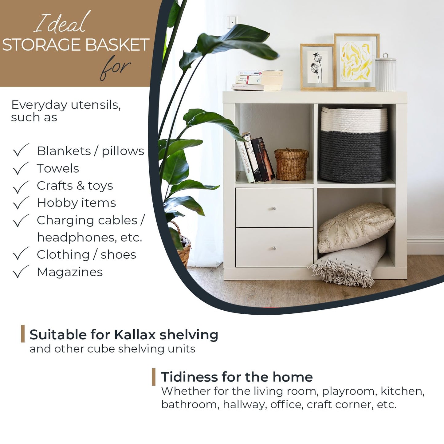 HMF Storage Basket with Hidden Handles, Round Basket Fits Kallax | 31 x 31 cm | White/Grey
