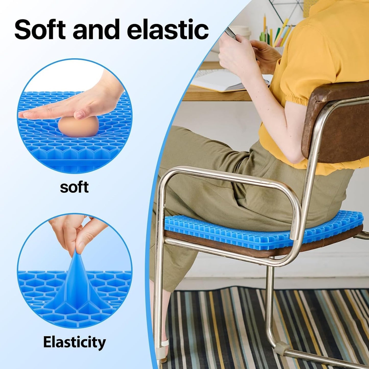 Gel Seat Cushion for Long Sitting, Honeycomb Design Double Thick Gel Cushion for Coccyx Sciatica & Lower Back Pain Pressure Relief