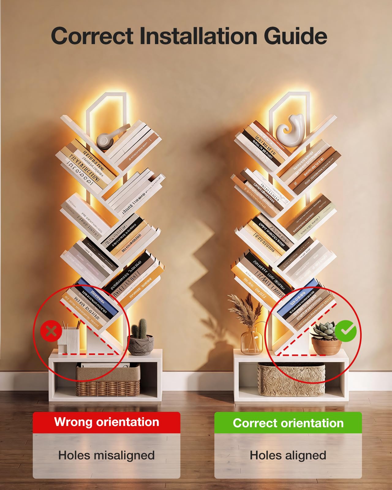 Coleshome 8-Tier LED Tree Bookcase, Wooden Bookshelf, 114.5cm, White
