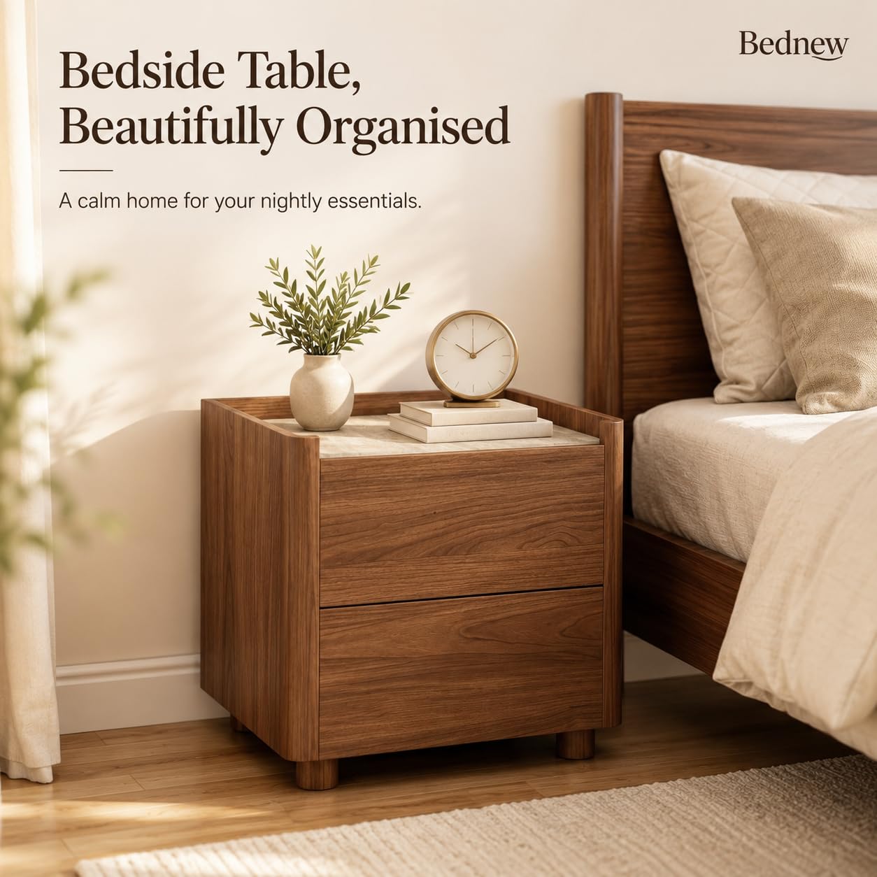 Bedside Table with 2 Drawers, Wooden Bedside Cabinet with Storage