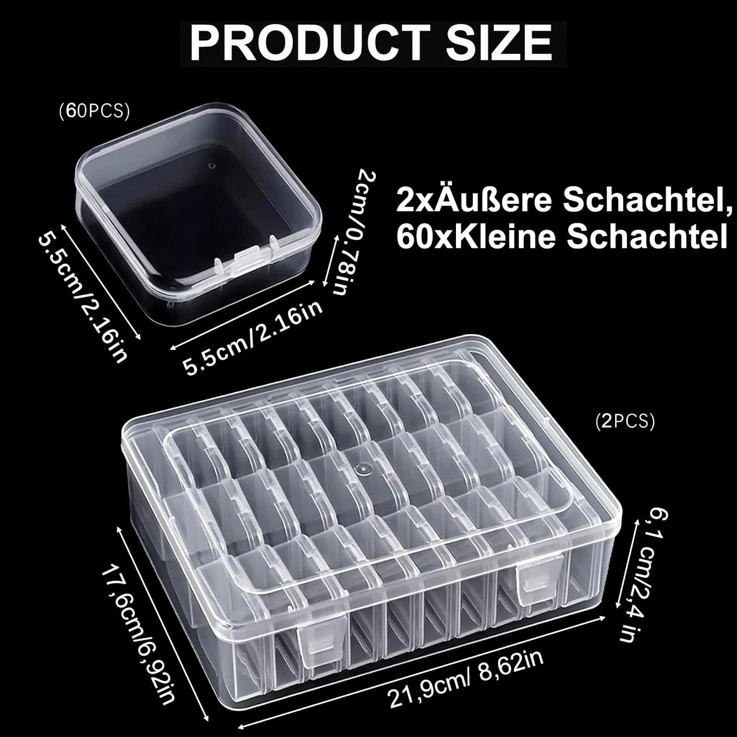 Bhina Pack of 2 Small Storage Boxes (5.5 x 5.5 x 2 cm) Mini Storage Box Made of Clear Plastic Pearl Storage Boxes with Hinged Lid for Beads