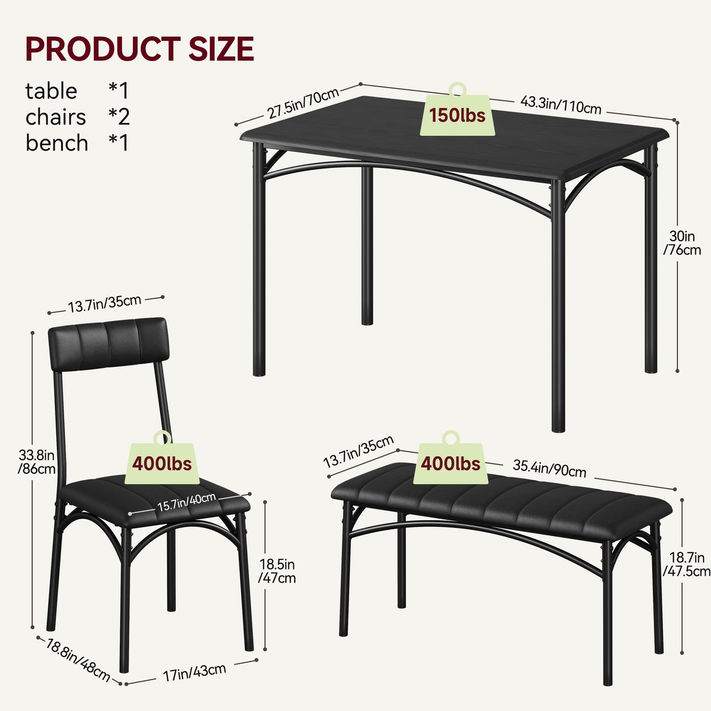 Crevyteg Space-Saving 4-Piece Dining Table Set Modern Industrial Kitchen Table with 2 Chairs and Bench for 4 Seater Dining Room Small Spaces
