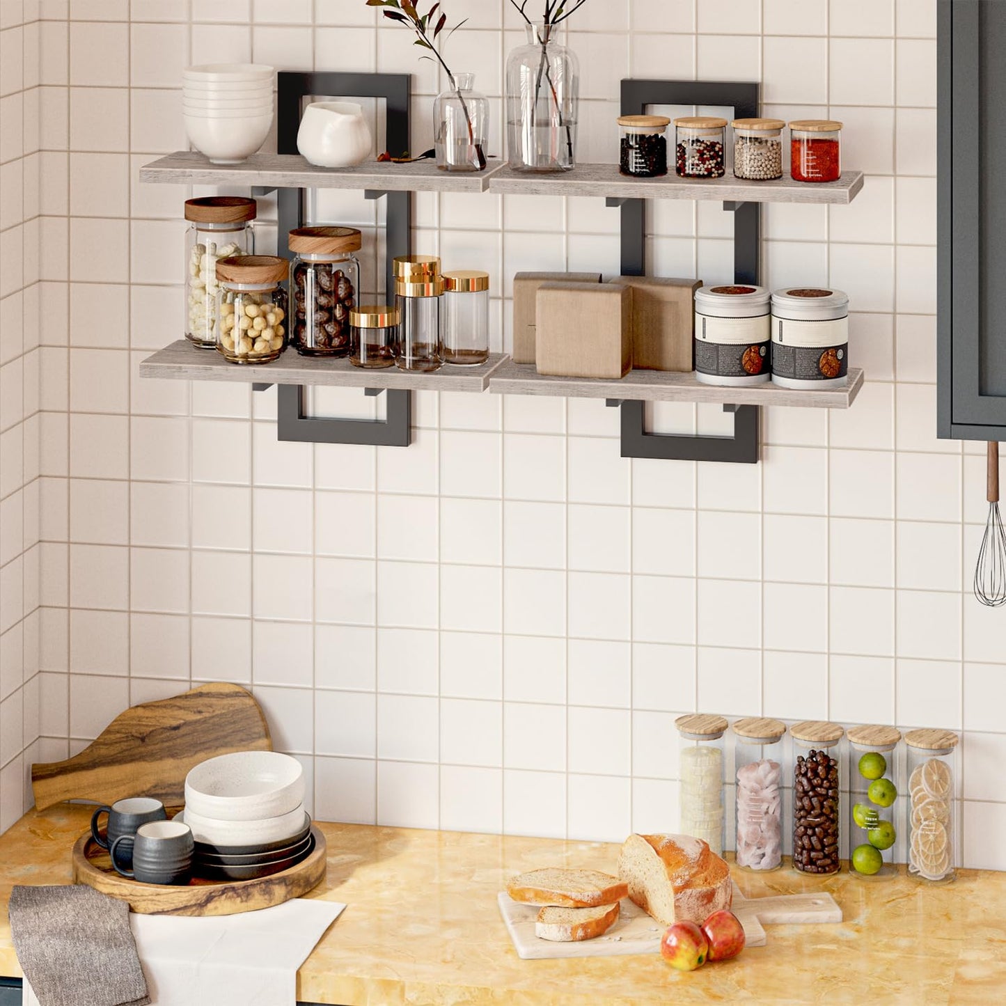 HOOBRO Floating Shelves, Wall Shelves Set of 2, Wall Mounted Storage Shelves 2-Tier, Wall Display Racks, Hanging Bathroom Shelves, for Kitchen, Living