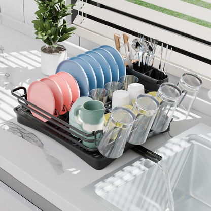BRIAN & DANY Aluminum Dish Drying Rack, Dish Drainer with Removable Cutlery Holder & Cup Holder, Unique 360 Swivel Spout Drain Board, Black