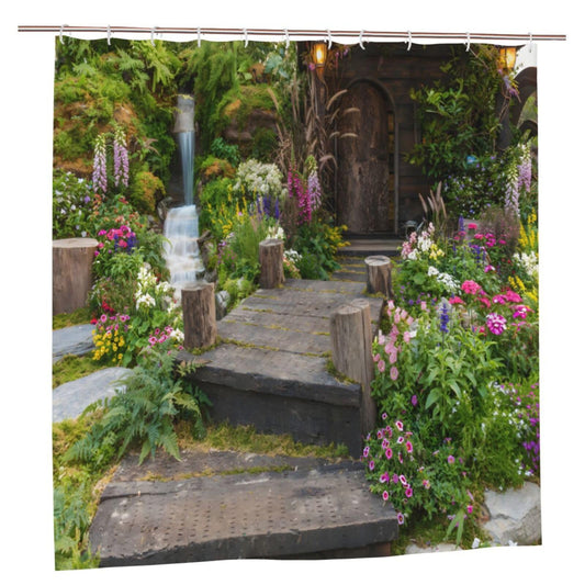 Newhomestyle Outdoor Garden Flower Shower Curtain, Summer Stone Staircase Bathroom Curtain, Spring Waterproof Bathtub Shower Curtain, Quick Dry Bath