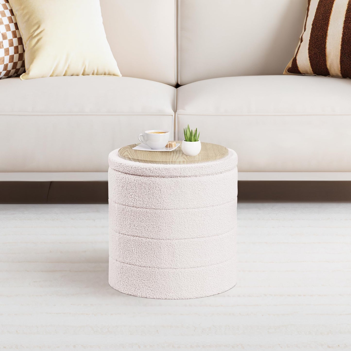 PINPLUS Round Ottoman Storage, Convertible Table, Cream White, 43x43x45 cm
