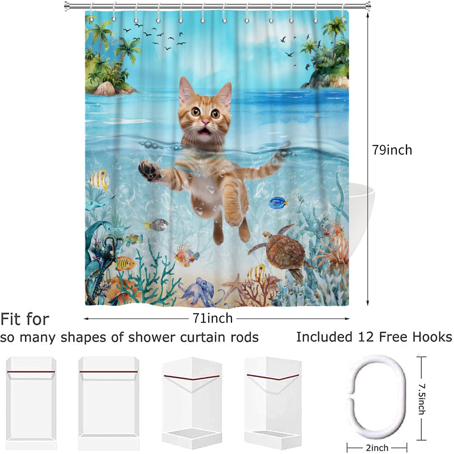 Hnmdmyi Funny Cat Shower Curtain 180x200, Cute Kitten Swimming in Blue Ocean Sea Turtle Tropical Fish Starfish Coral Kids Bathroom Shower Curtains