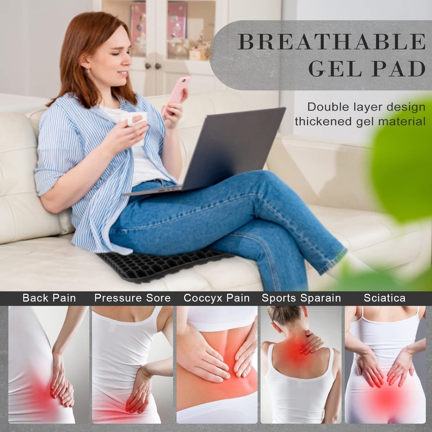 Gel Seat Cushion, Double Thick Breathable Seat Cushion Cool Gel Cushion Honeycomb Design,Breathable Lumbar Cushion With Non-Slip,Pressure Pain relief