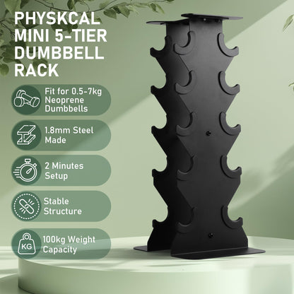 PhysKcal Small Dumbbells Rack, 5-Tier Neoprene Dumbbells Storage Stand, Vertical Dumbbell Tree Stand Weights Holder for Home Gym Exercise Fitness
