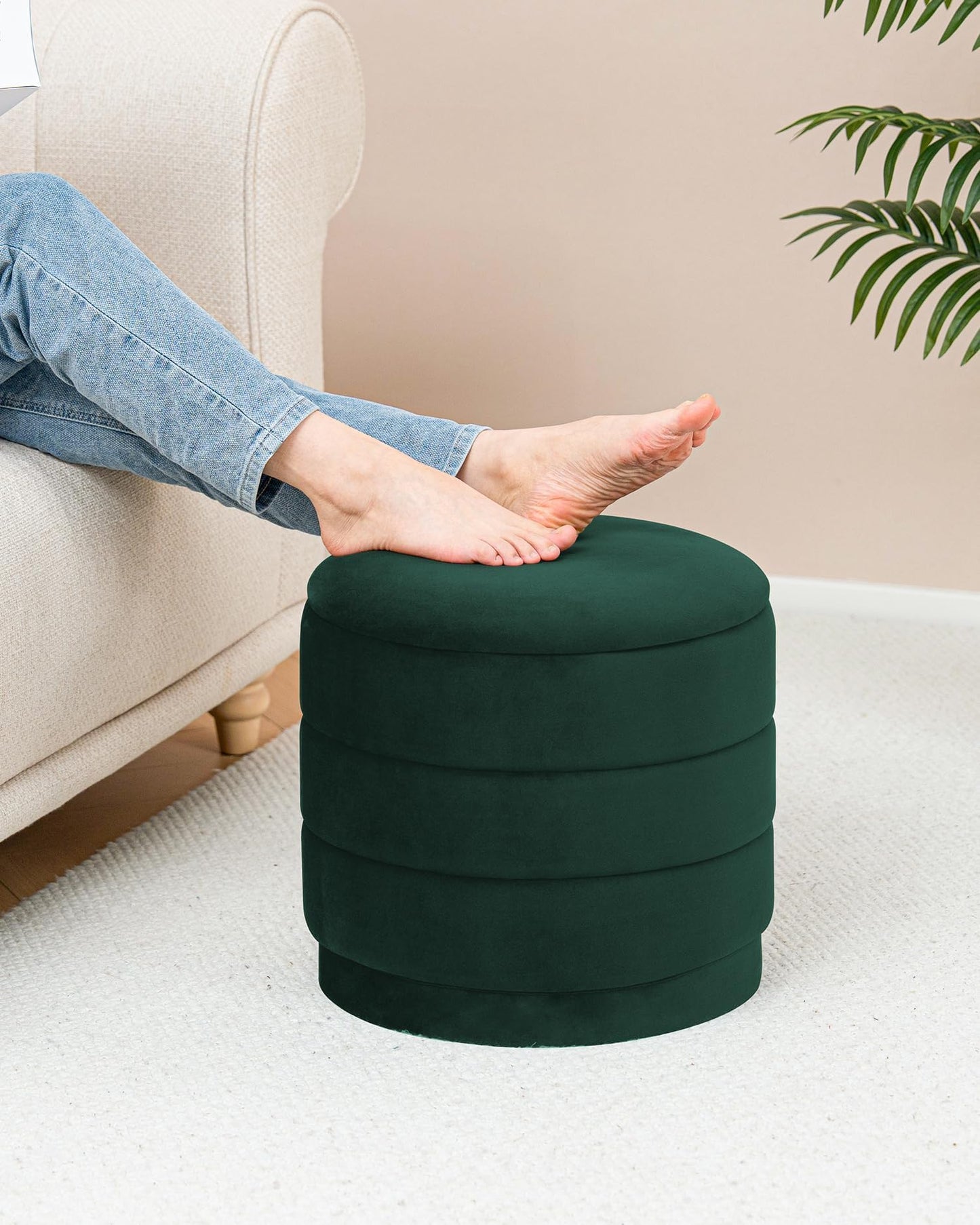 Bonlife Storage Ottoman Round - Folding Foot Rest with Hidden Storage, Bottle Green Velvet 39x39x37cm for Living Room, Bedroom & Hallway