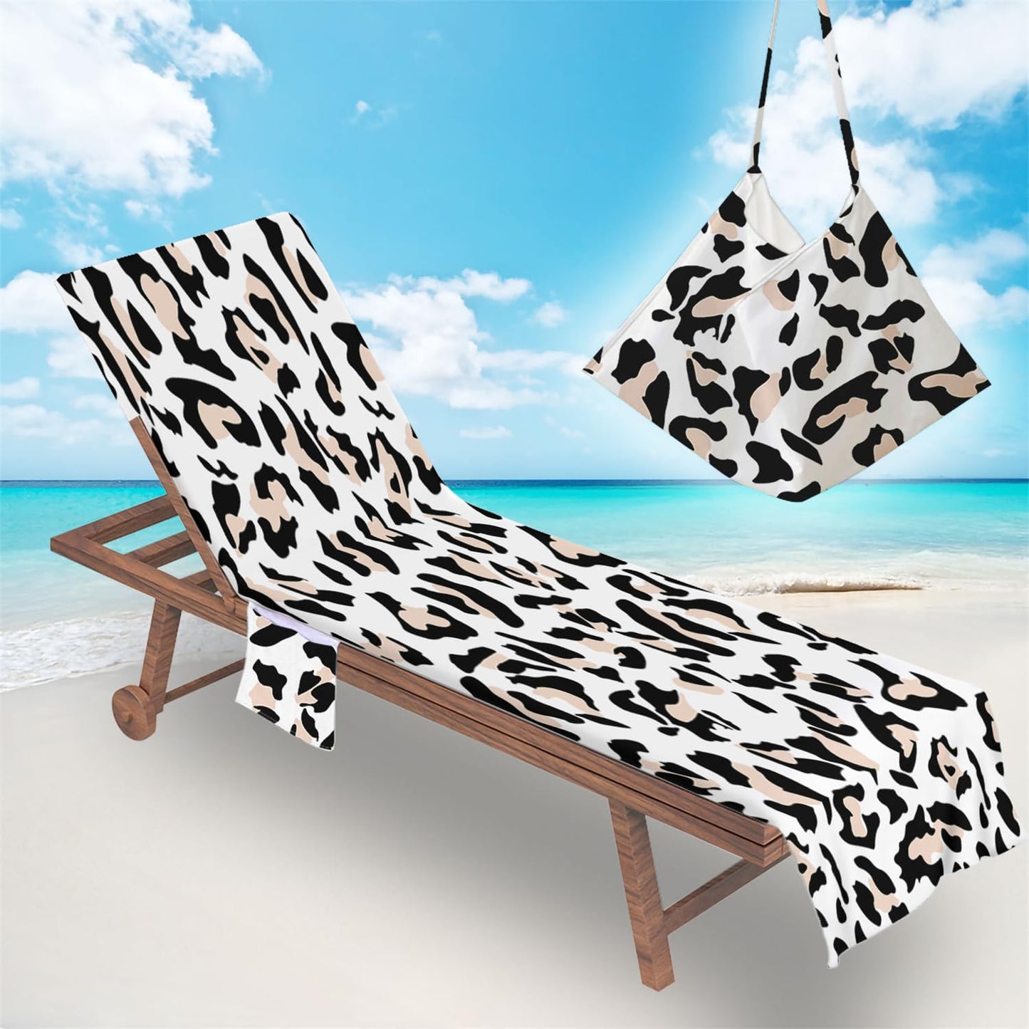 Surwin Sun Lounger Towel with Pockets, Leopard Print Beach Towel Chair Cover Sunbed Towels Lounger Bag for Summer Holiday Outdoor Garden Pool