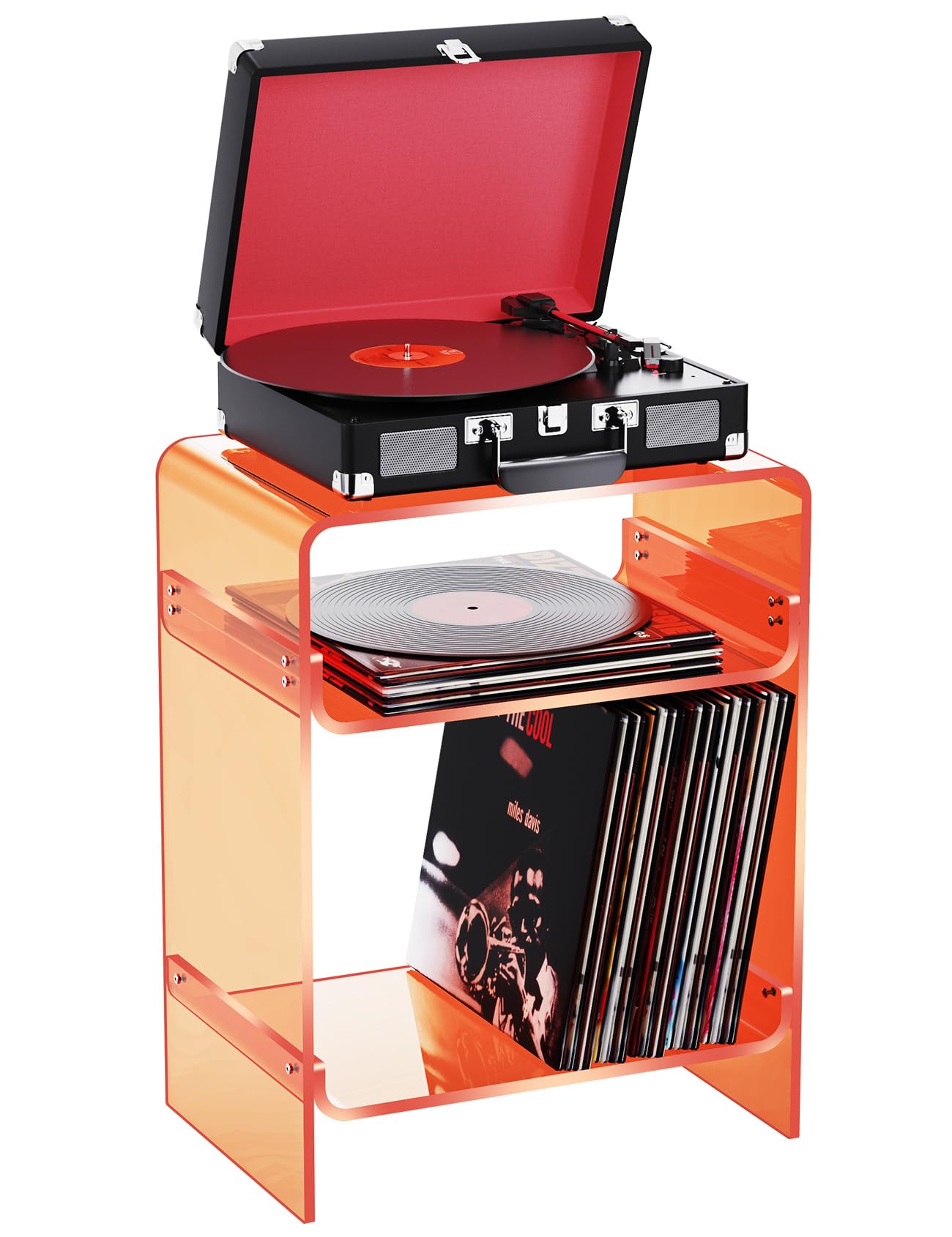 Dewrhiixe Acrylic Record Player Table with Storage Shelf, Clear Side Table, Nightstand (Orange, 45×30×58 cm, Acrylic)