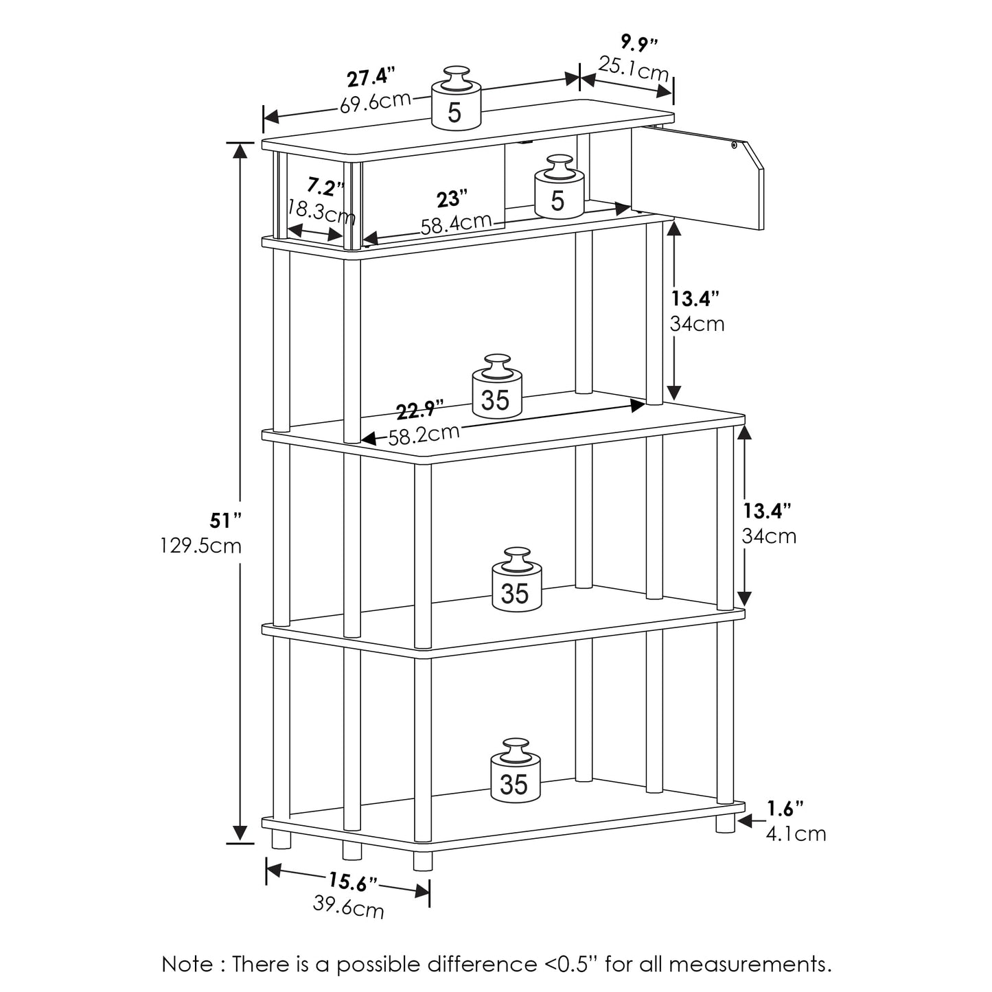 Furinno TURN-N-TUBE Printer Stand with Storage, 5-Tier Large Printer Stand, Standing Printer Table with Top Cabinet, for CPU, Office Supplies