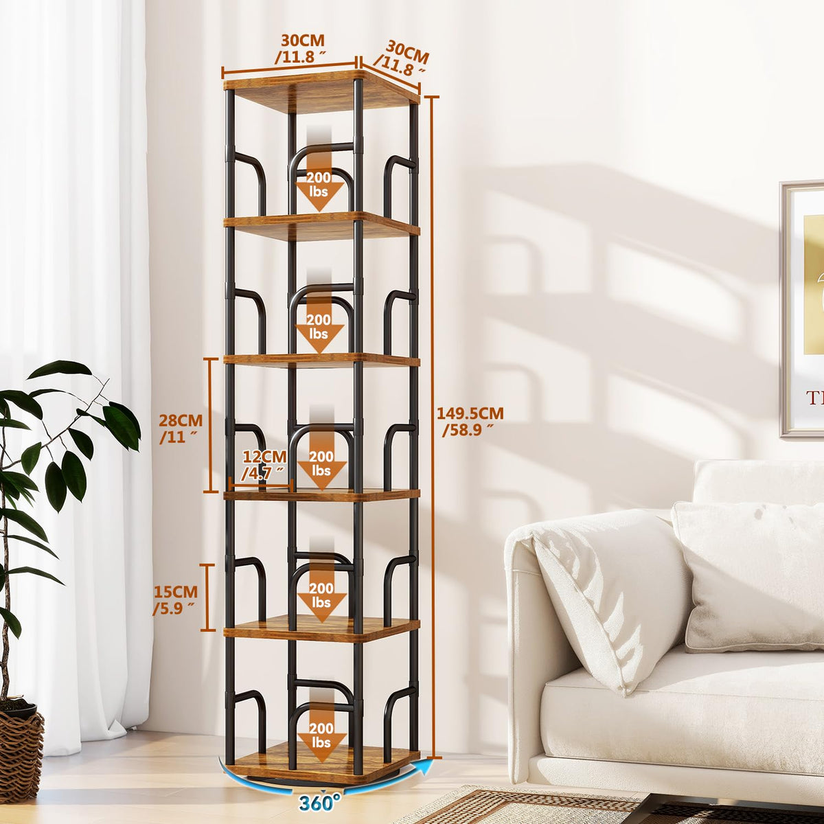 IBUYKE 6 Tier Rotating Bookshelf,Square Bookcases,Brown TBC005H