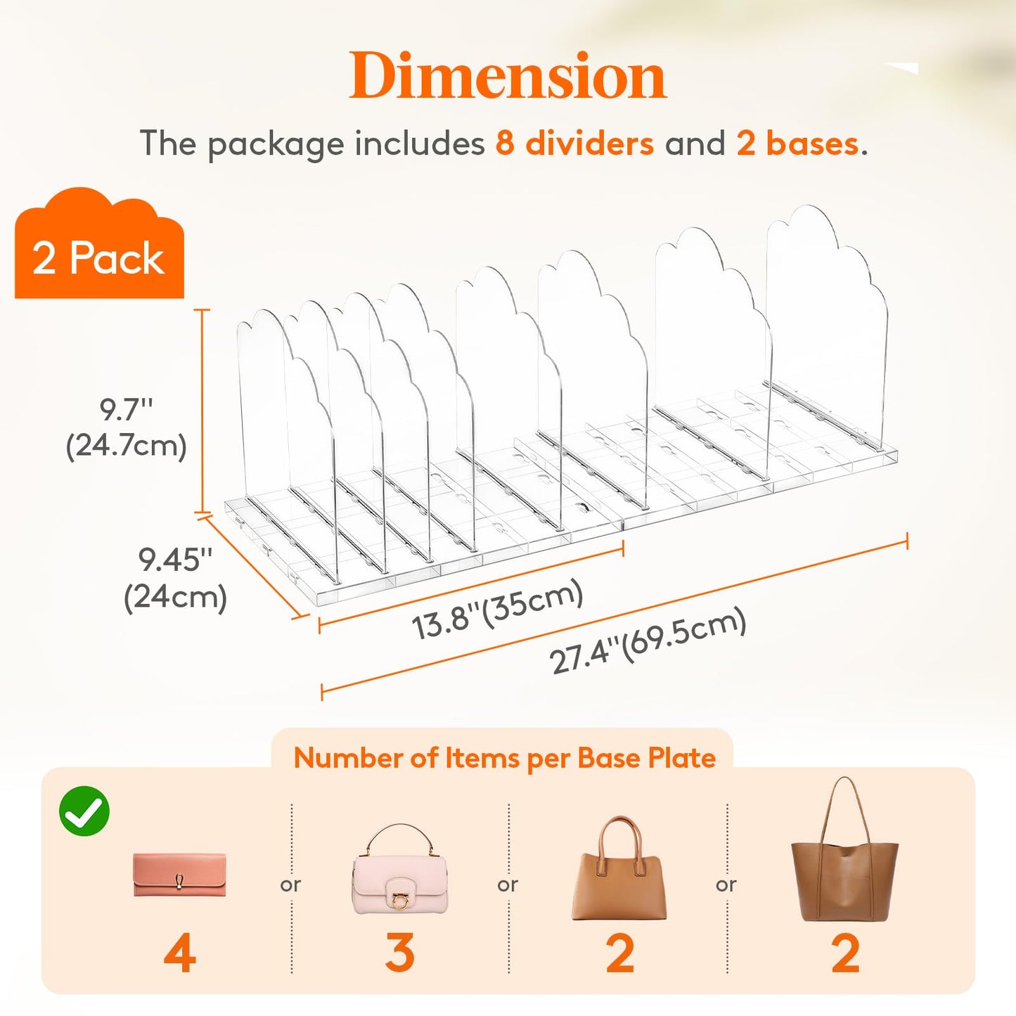 Lifewit Adjustable Handbag Organiser for Wardrobe, 24.7 cm Tall Clear Plastic Purse Organiser for Closet, 4 Pack Bag Shelf Divider in Bedroom/Closet