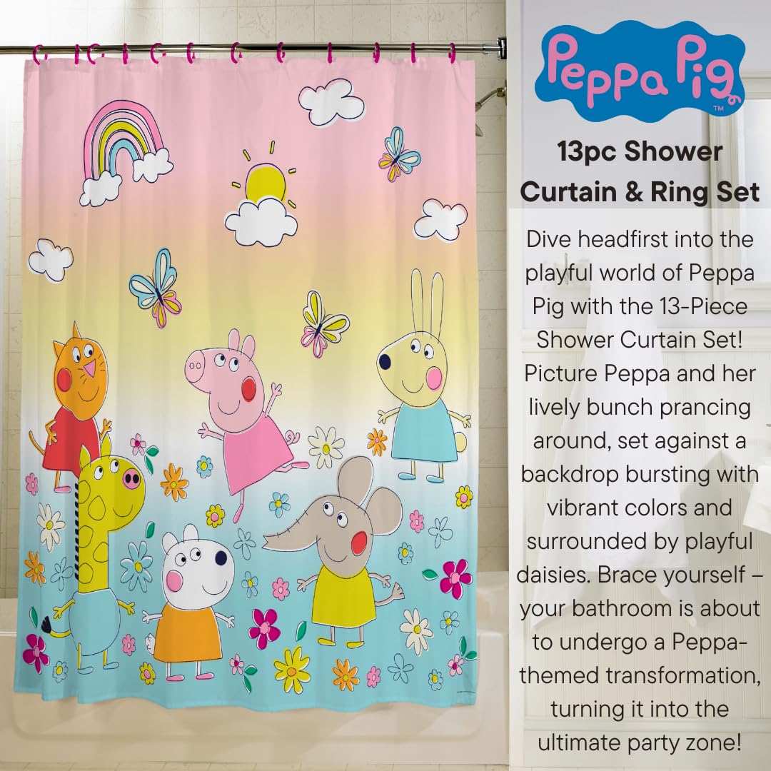 Franco Peppa Pig 13 Piece Shower Curtain and Ring Set, (100% Officially Licensed Product)