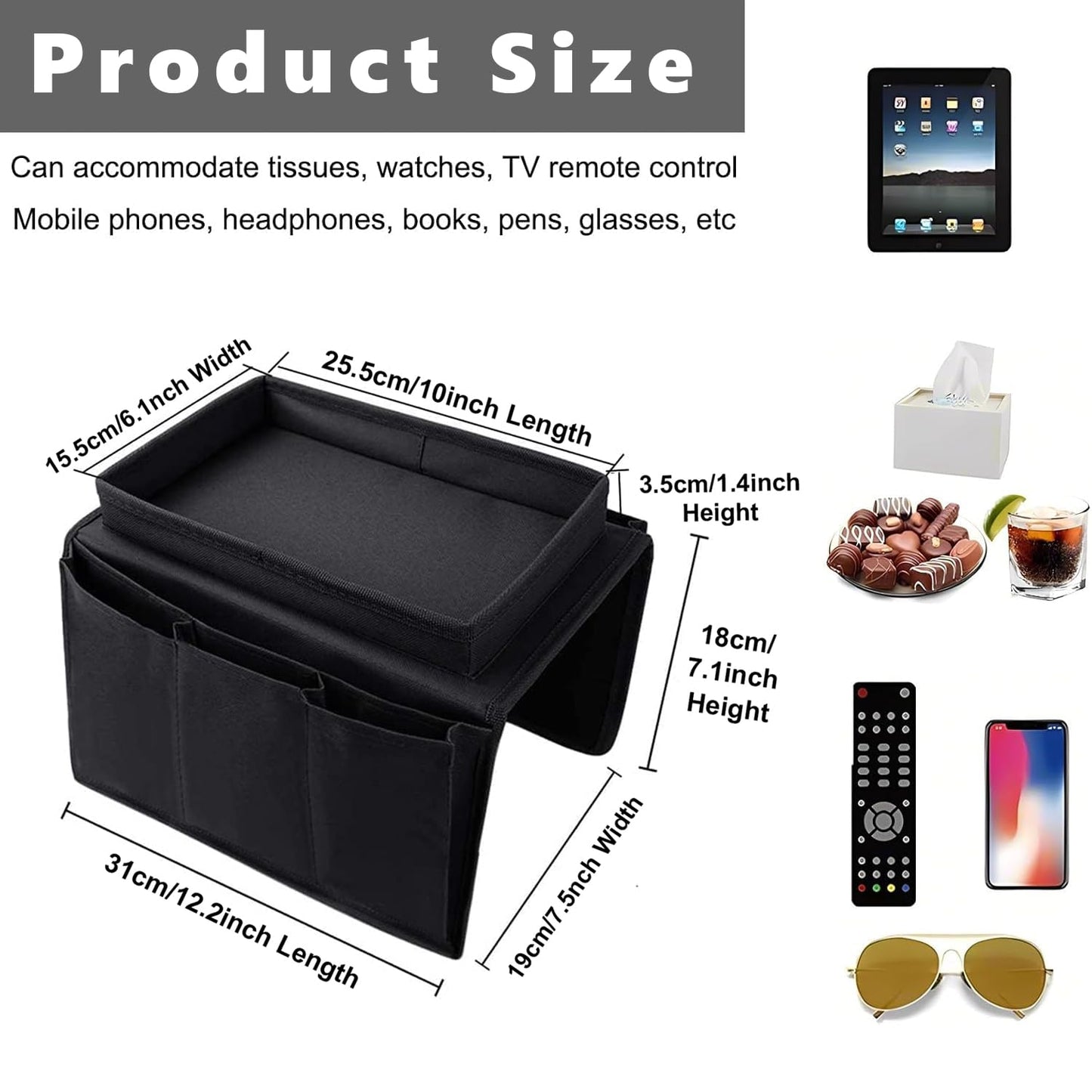 Sofa Armrest Organizer Candy Organizer with Tray & 5 Pockets, Foldable Couch Arm Rest Storage Bag Sofa Armchair Hanging Storage with Cup Holder for