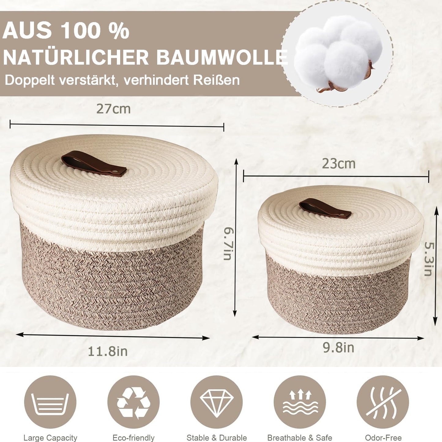 Yearonan 2 Pieces Storage Baskets with lids-Cotton Rope Lidded Basket-Natural cotton thread, leather buckle