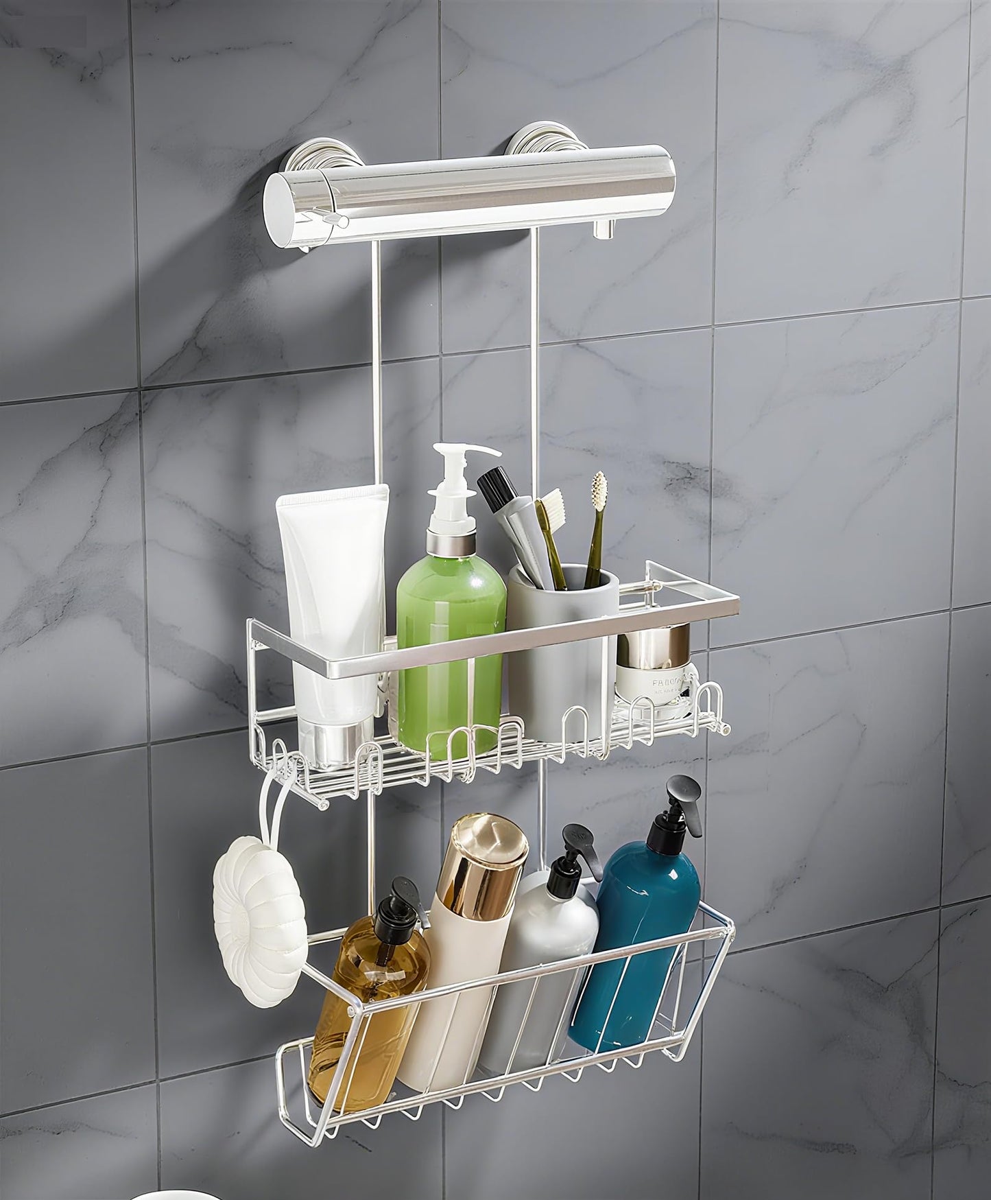 RUIHANDA 2-Tier Shower Caddy, Shower Caddy Hanging No Drilling, Silver