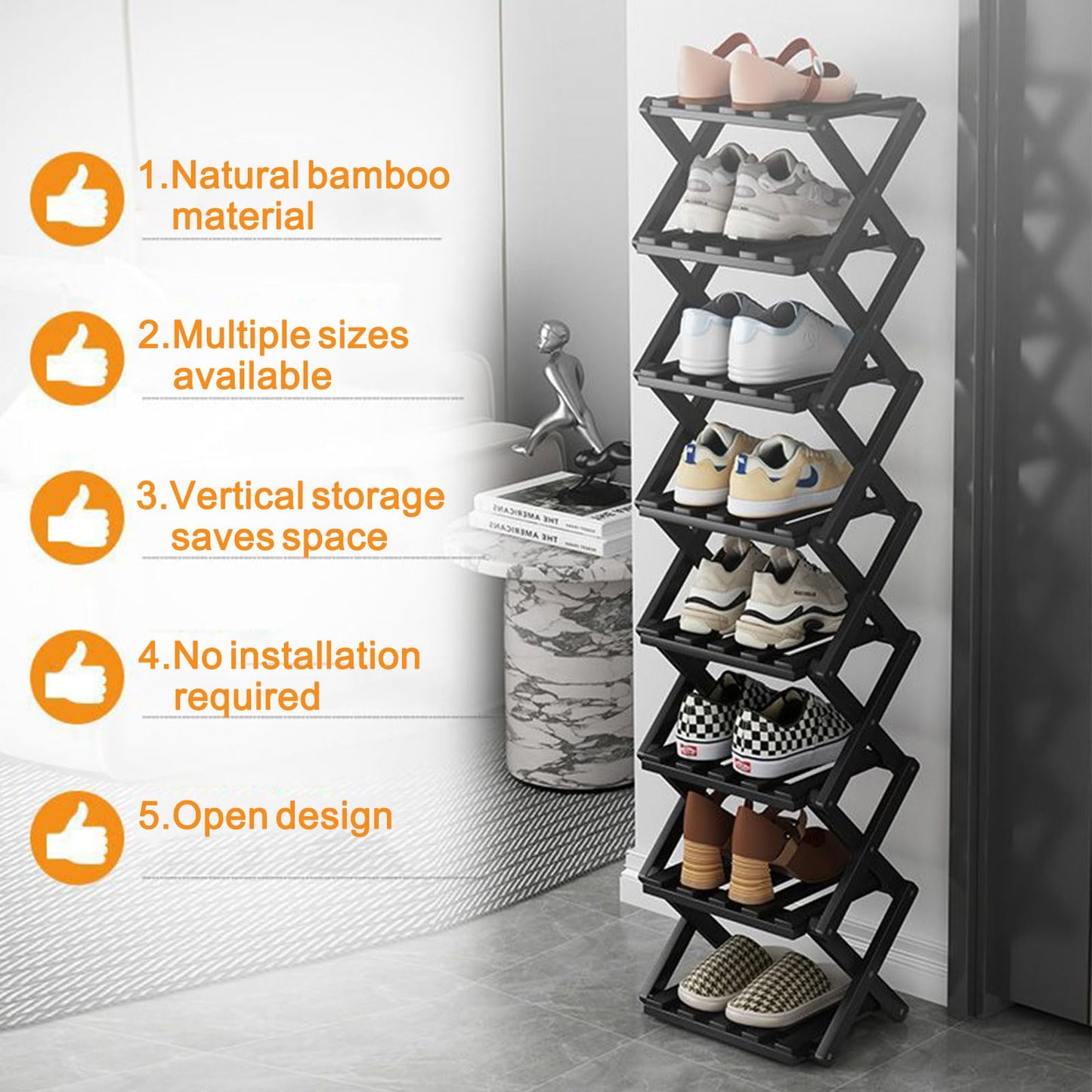 GIRYES Small Shoe Rack Black, 4 Tier Bamboo Foldable Shoes Organizer Free Standing Shelf for Entryway, Bedrooms, Closet, Living Room Corner