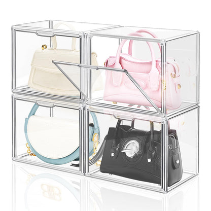 LINYAPRY 4 Packs Clear Plastic Handbag Storage Organizer for Closet, Acrylic Display Box for Handbag, Stackable Storage Boxes Bag Organizer with