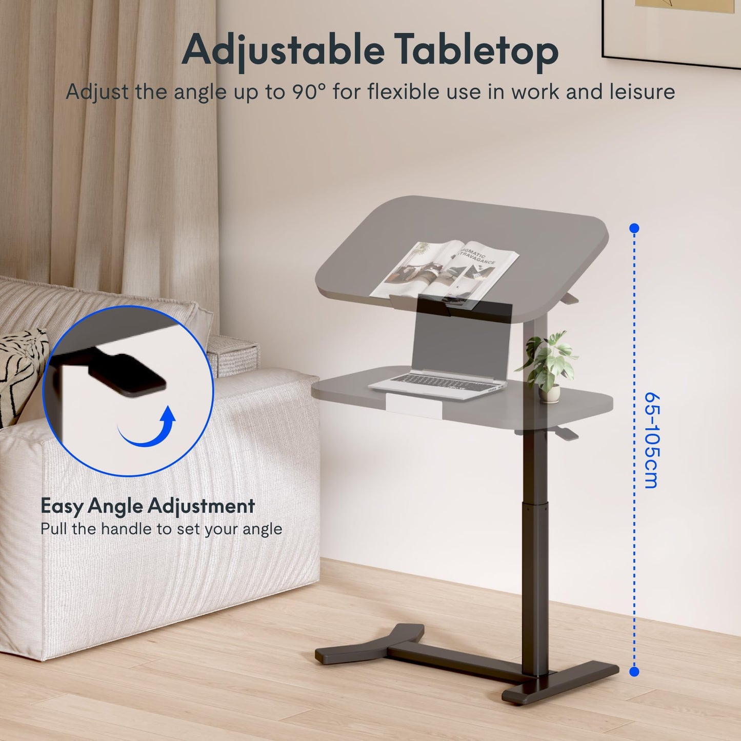 FLEXISPOT Overbed Table with Wheels, Adjustable Height Bedside Table, Rolling Laptop Desk for Bed Sofa, Small Standing Desk 60 x 40 cm