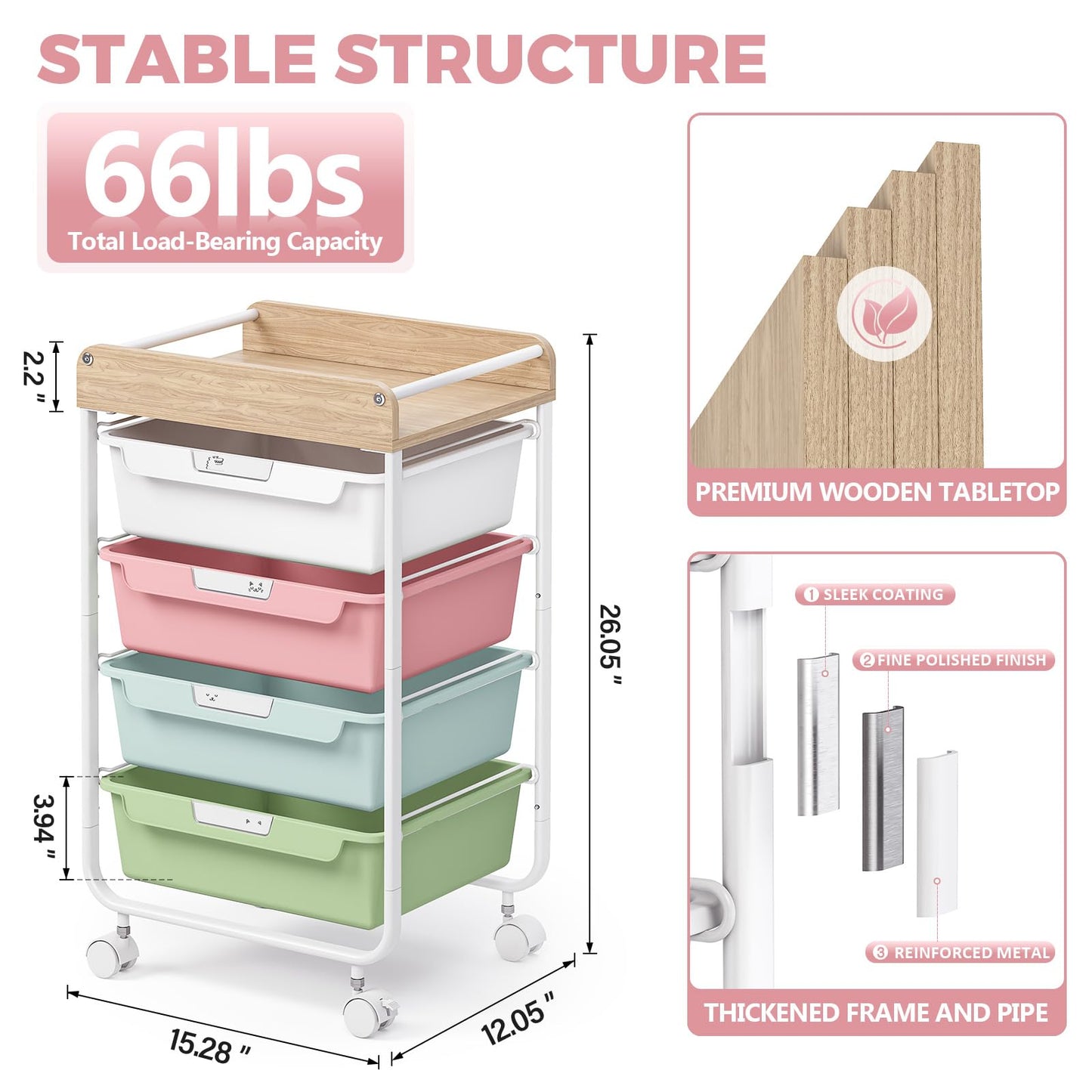 SYKIARIOL 4-Drawer Storage Trolley Rolling Cart