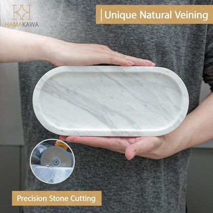 HAMAKAWA Oval Bathroom Vanity Tray, Large Natural Marble Tray 25cm / 10 inch, Volakas White Stone Soap Trays, Modern Perfume Trays