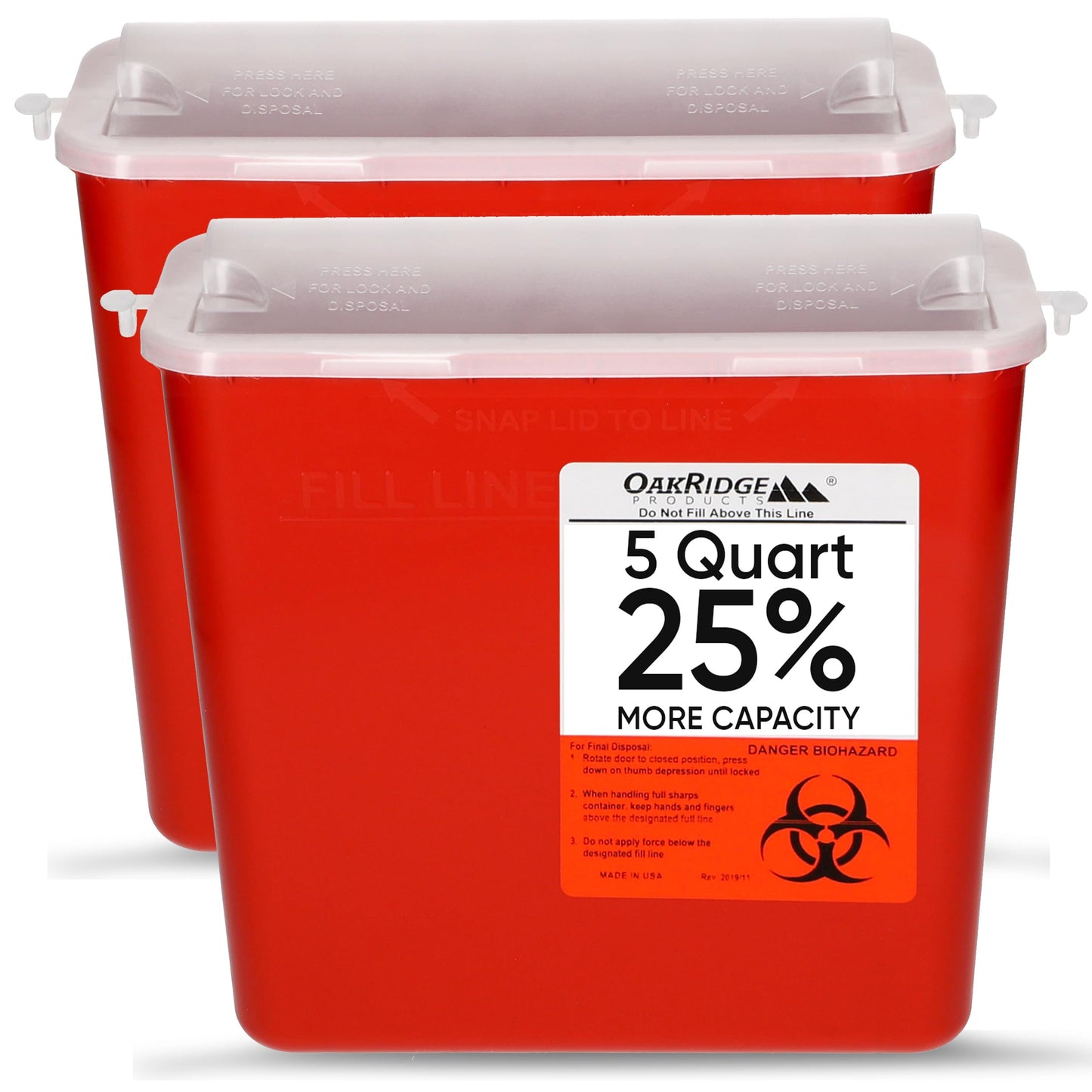 OakRidge Products Sharps Disposal Container for 5 Quart Size with Touchless Disposal (Pack of 2) 1 Medium Red