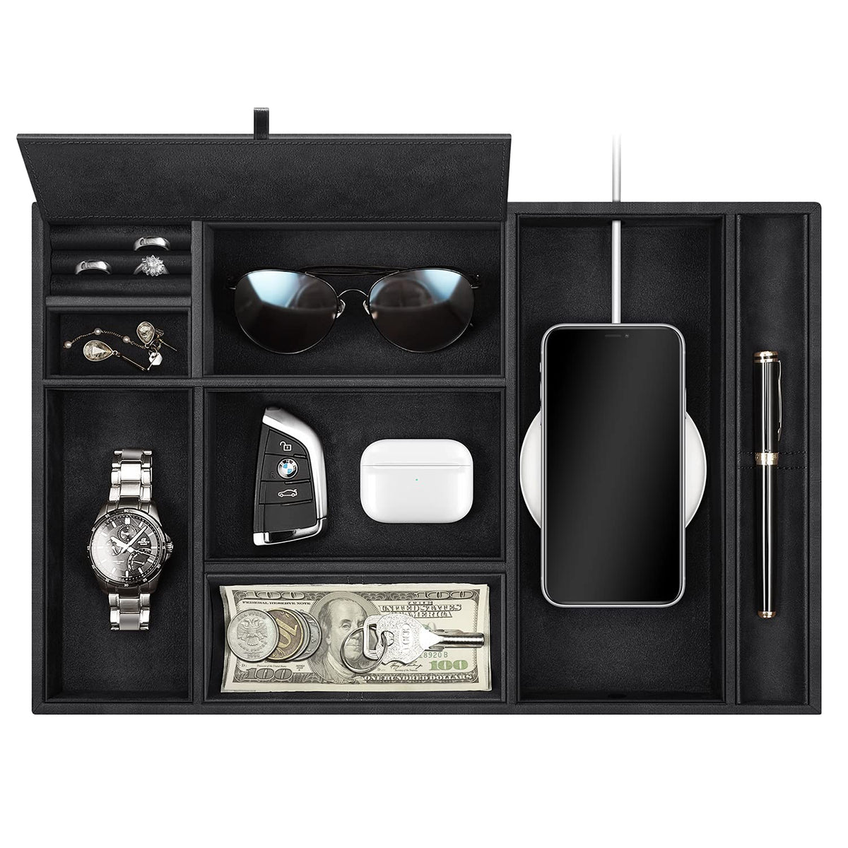 SITHON Valet Tray Desktop Organizer, 8 Compartments Catchall, Black