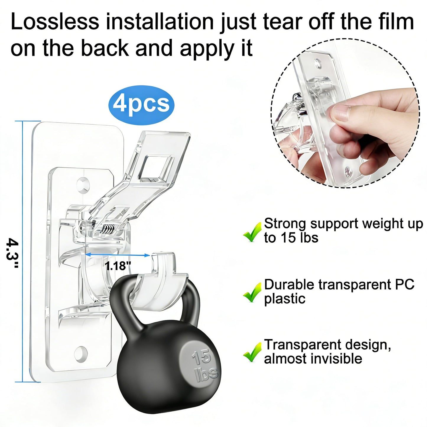 Spotzyllic 4 Pack Without Drilling Self Adhesive Curtain Hooks 4 Pack, No Drill Self Adhesive ABS Curtain Hooks - Holds 11lb